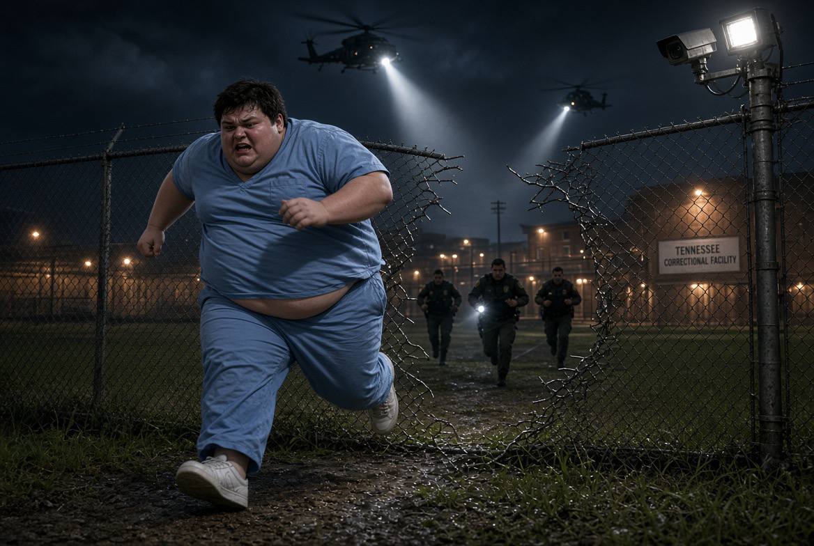 Illustration of a man in a light blue prison uniform running through a cut chain-link fence at night as officers and helicopters with searchlights pursue him